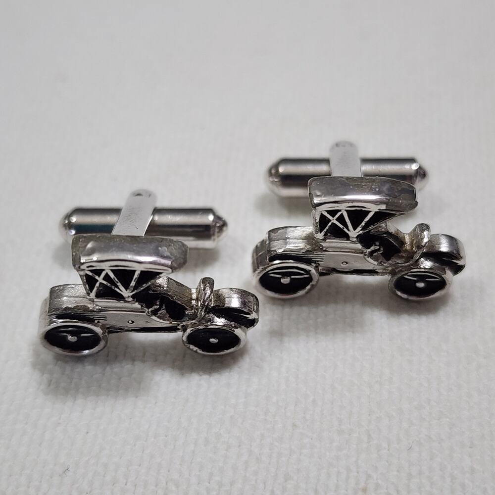 Model T Ford Jalopy Automobile Cufflinks Hickok Silver Tone Black Vintage 1970s